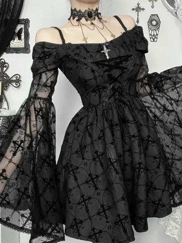 Gothic Women Dress Dark Elegant Mesh Shoulder Long Sleeve Dress