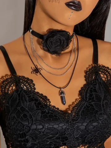 Gothic Dark Lace Rose Multilayer Necklace