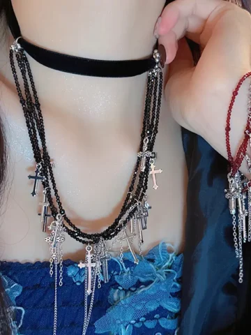 Women Fashion Dark Gothic Cross Tassel Necklace Bracelet